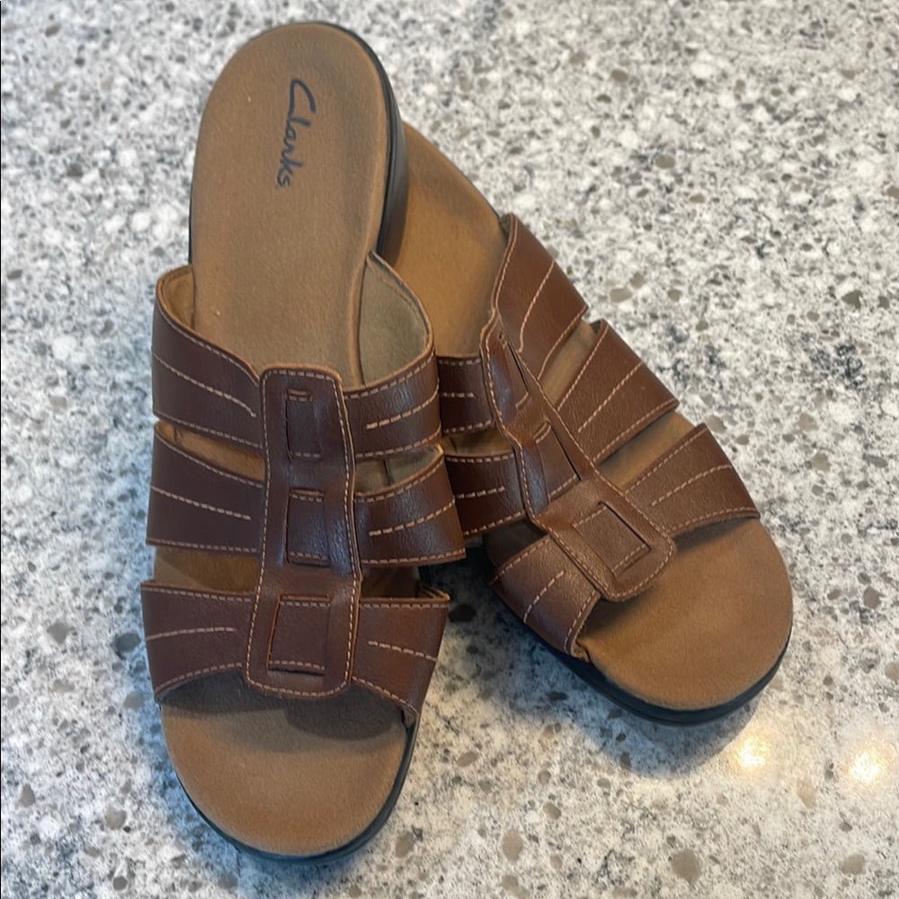 Clarks Tan Leather Slide Sandals